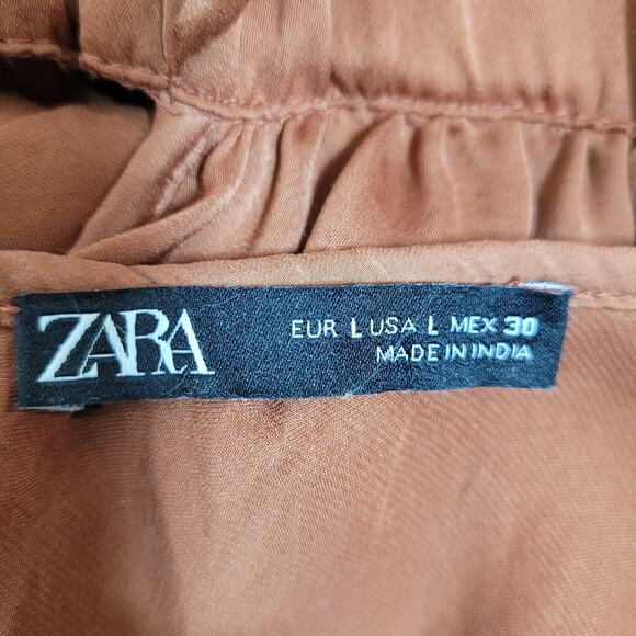 Zara Satin Ruffle Pleated Wrinkle Wide Leg Keyhole Boho Chic Jumpsuit Size Large - Picture 10 of 12